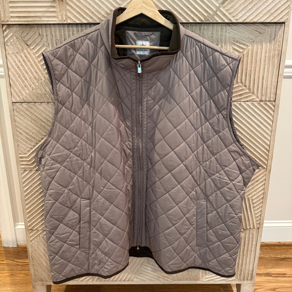 Peter Millar Quilted Vest Mens Taupe Brown Fleece Lined Micro check Size XXL